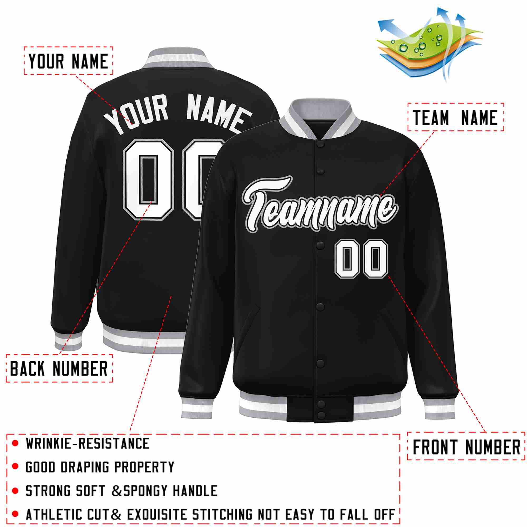 Custom Black White-Black Classic Style Varsity Full-Snap Letterman Jacket