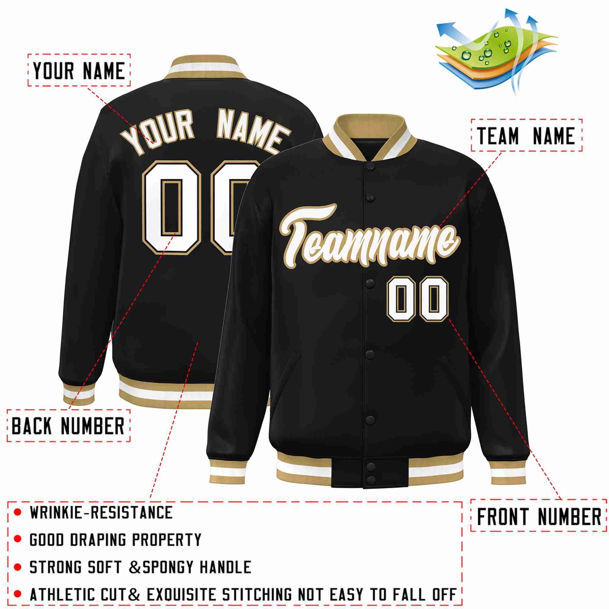 Custom Black White-Old Gold Classic Style Varsity Full-Snap Letterman Jacket