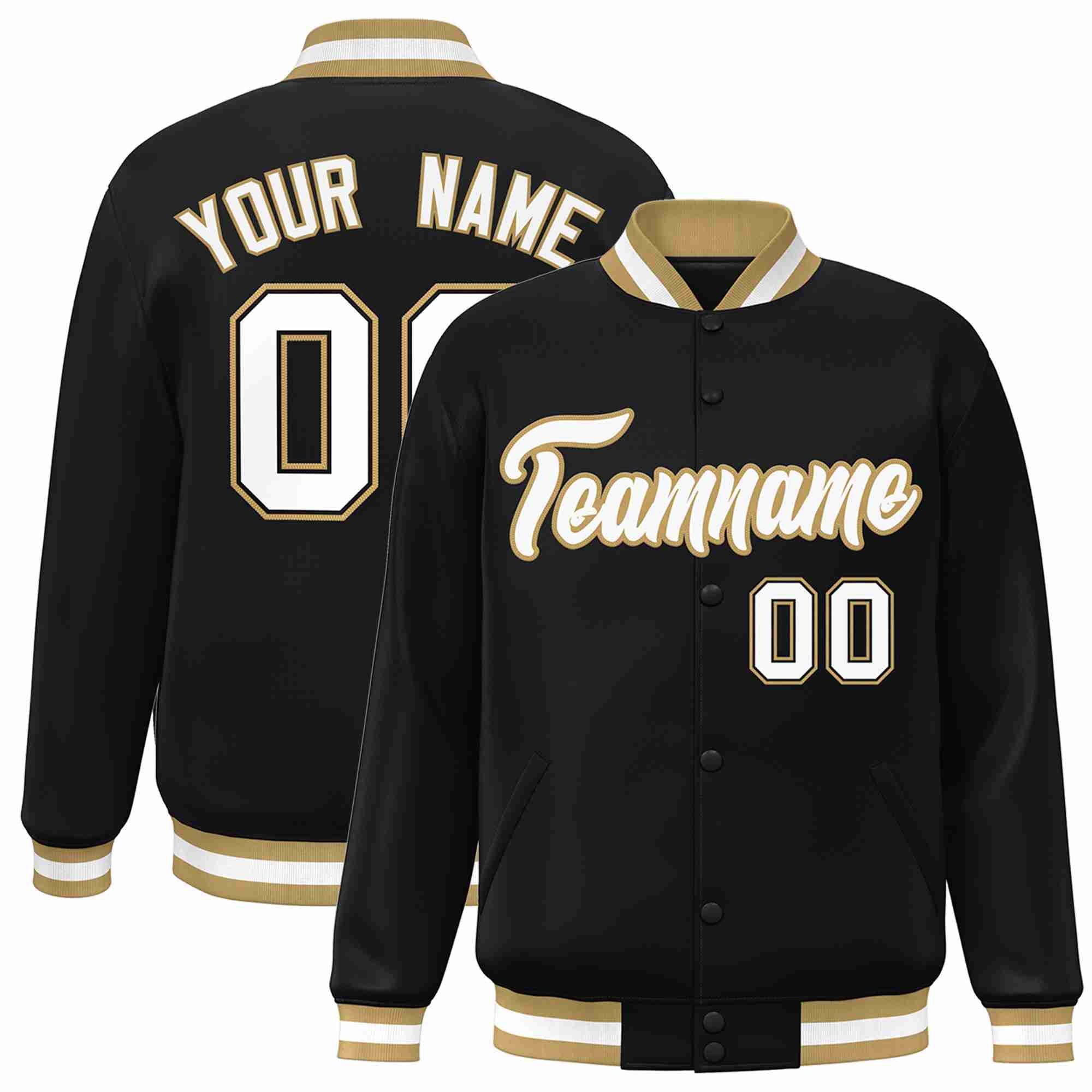 Custom Black White-Old Gold Classic Style Varsity Full-Snap Letterman Jacket