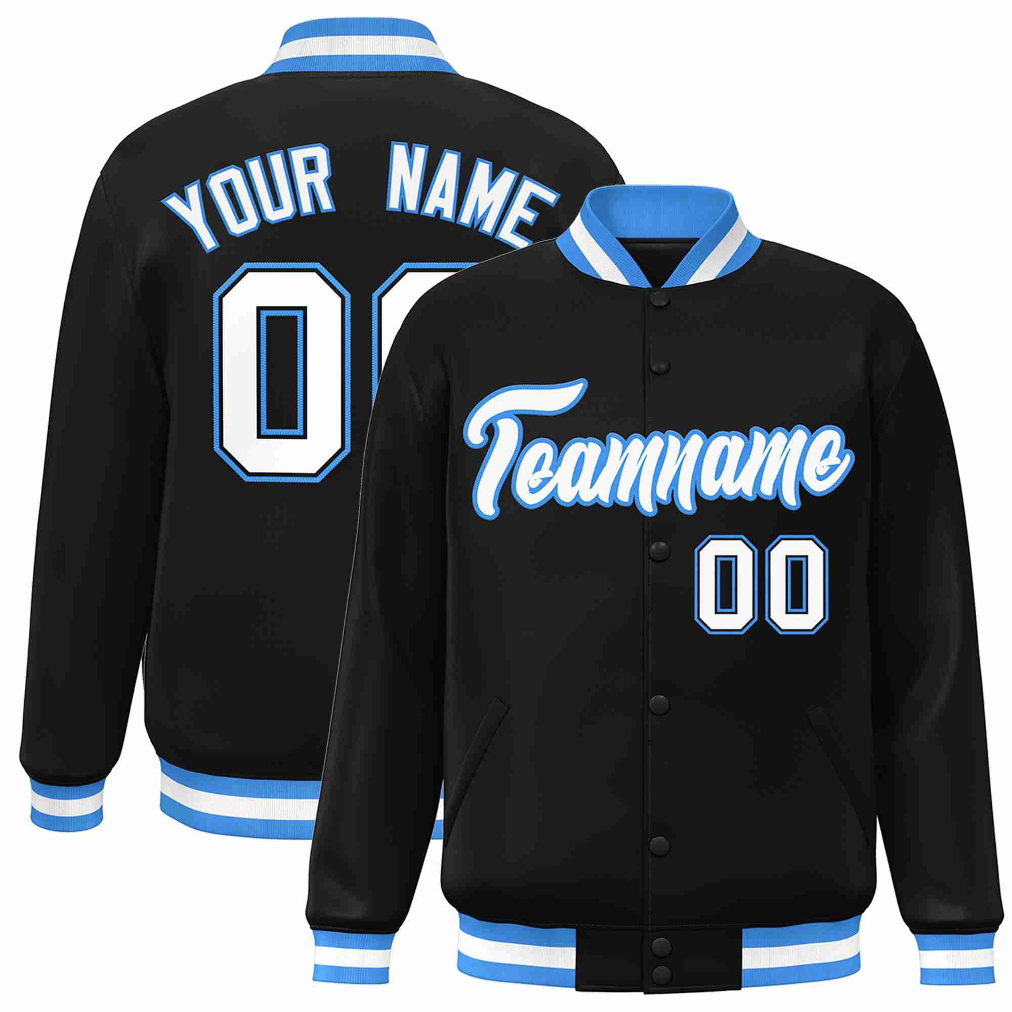 Custom Black White-Powder Blue Classic Style Varsity Full-Snap Letterman Jacket