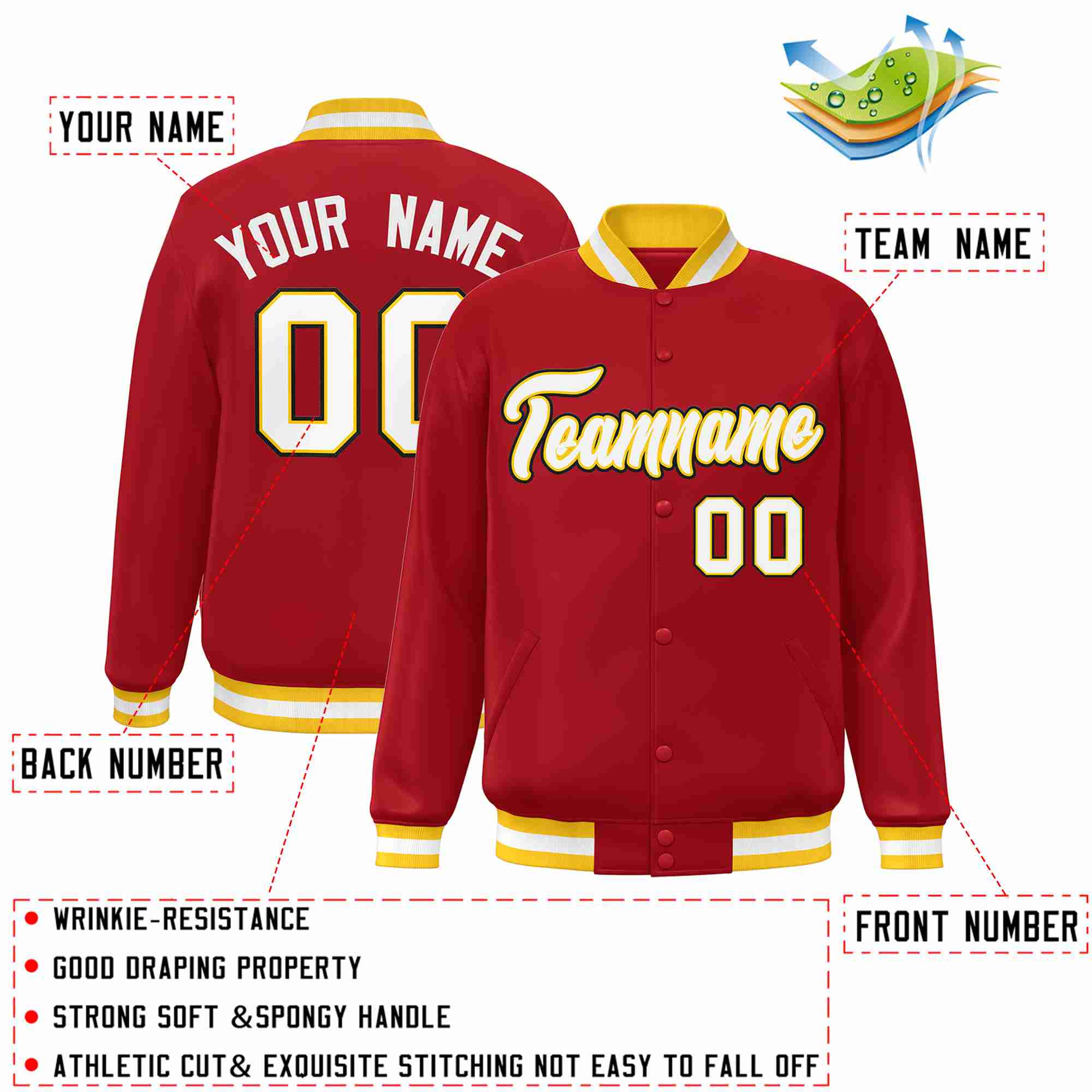 Custom Red White-Gold Classic Style Varsity Full-Snap Letterman Jacket