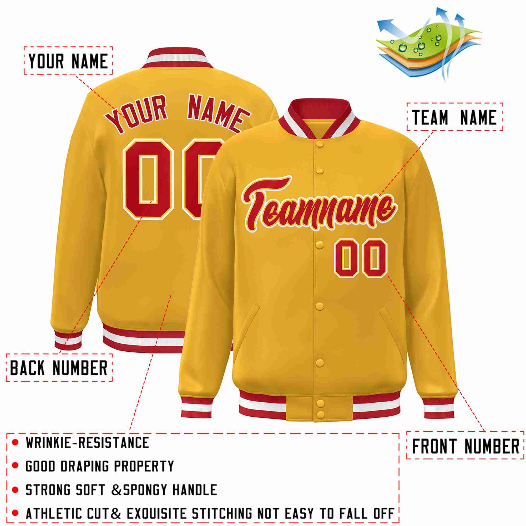 Custom Gold Red-Gold Classic Style Varsity Full-Snap Letterman Jacket