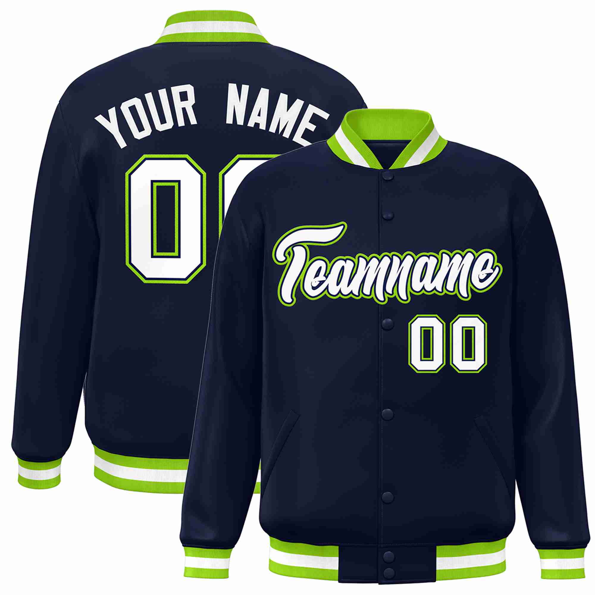 Custom Navy White-Navy Classic Style Varsity Full-Snap Letterman Jacket