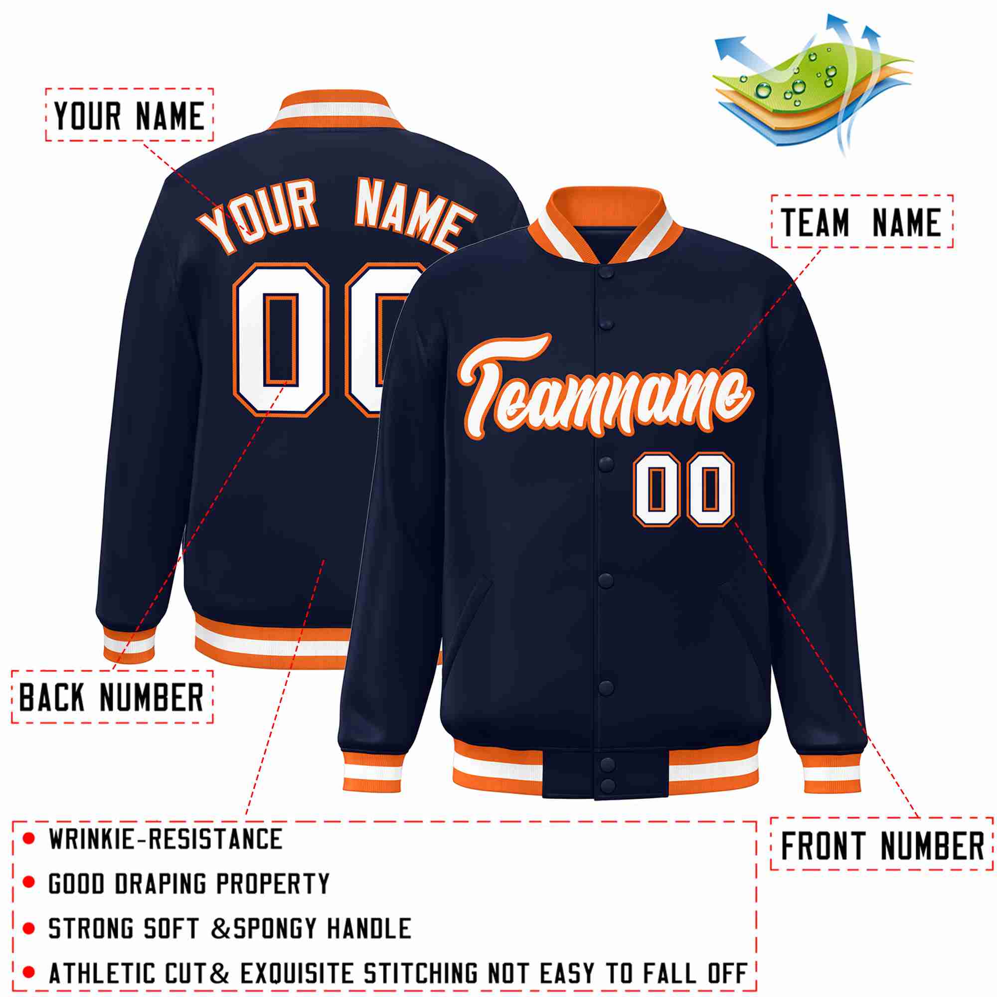 Custom Navy White-Orange Classic Style Varsity Full-Snap Letterman Jacket