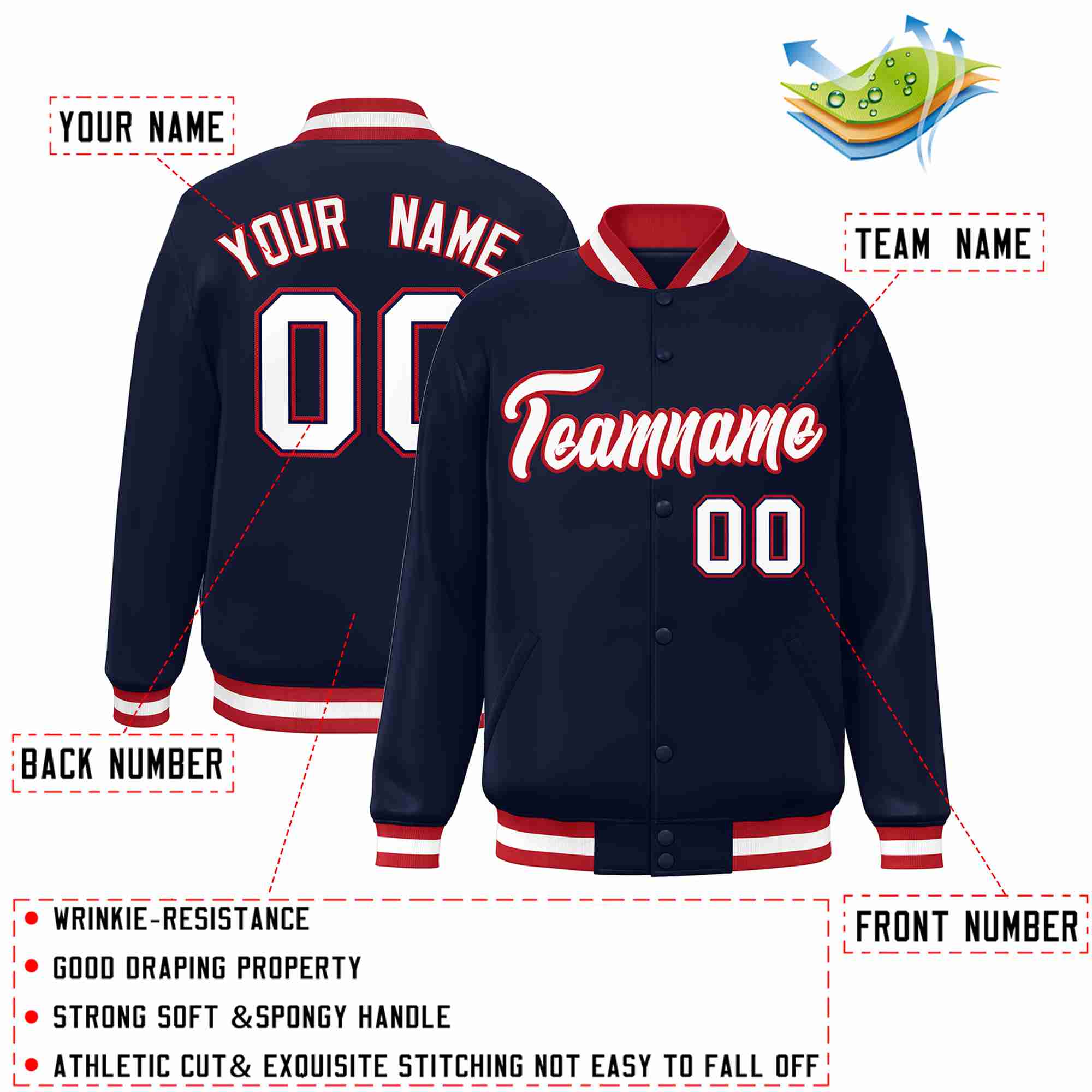 Custom Navy White-Red Classic Style Varsity Full-Snap Letterman Jacket