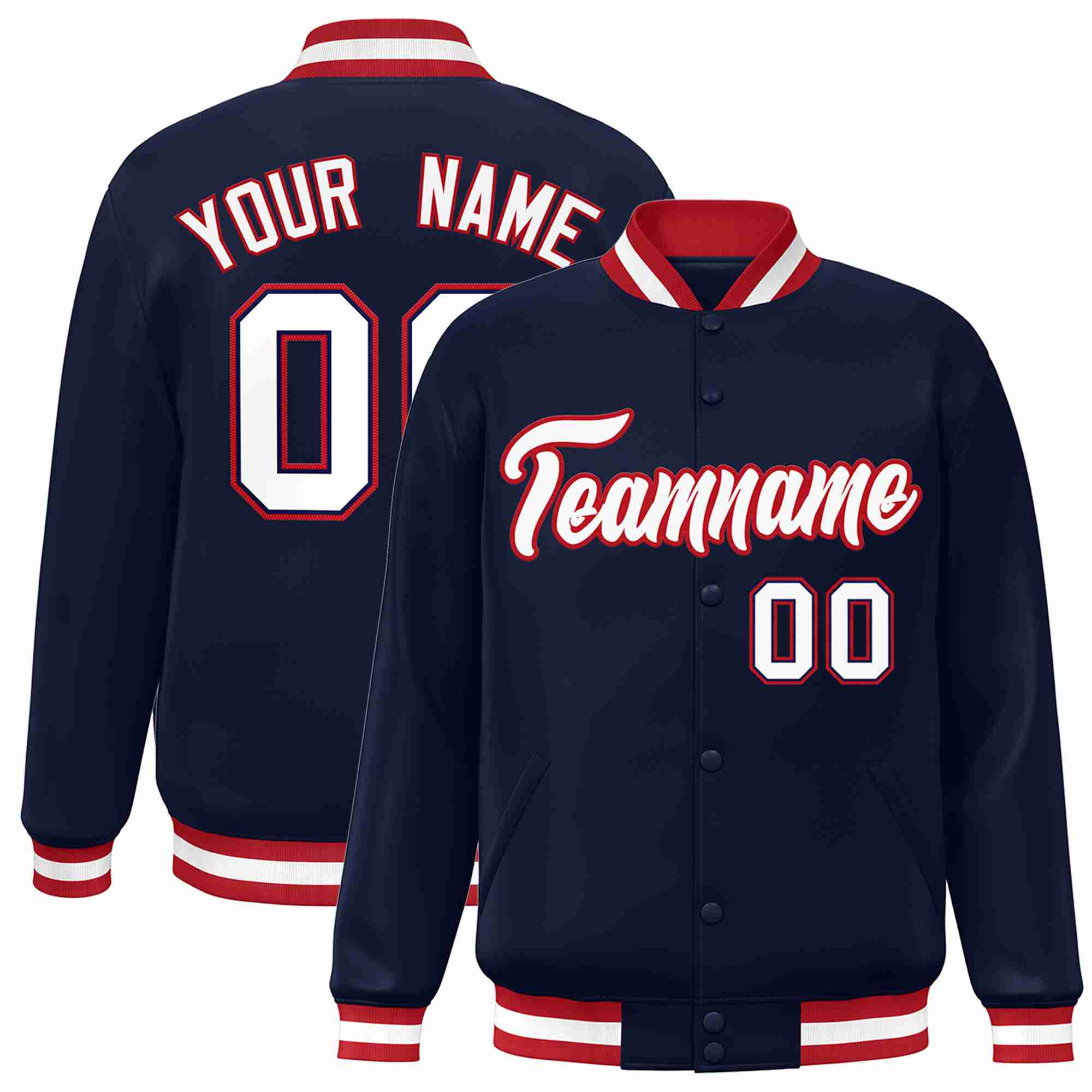 Veste Letterman personnalisée de style classique bleu marine blanc-rouge