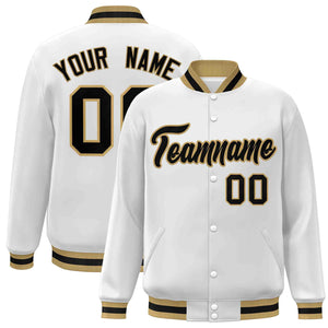 Custom White Black-Old Gold Classic Style Varsity Full-Snap Letterman Jacket