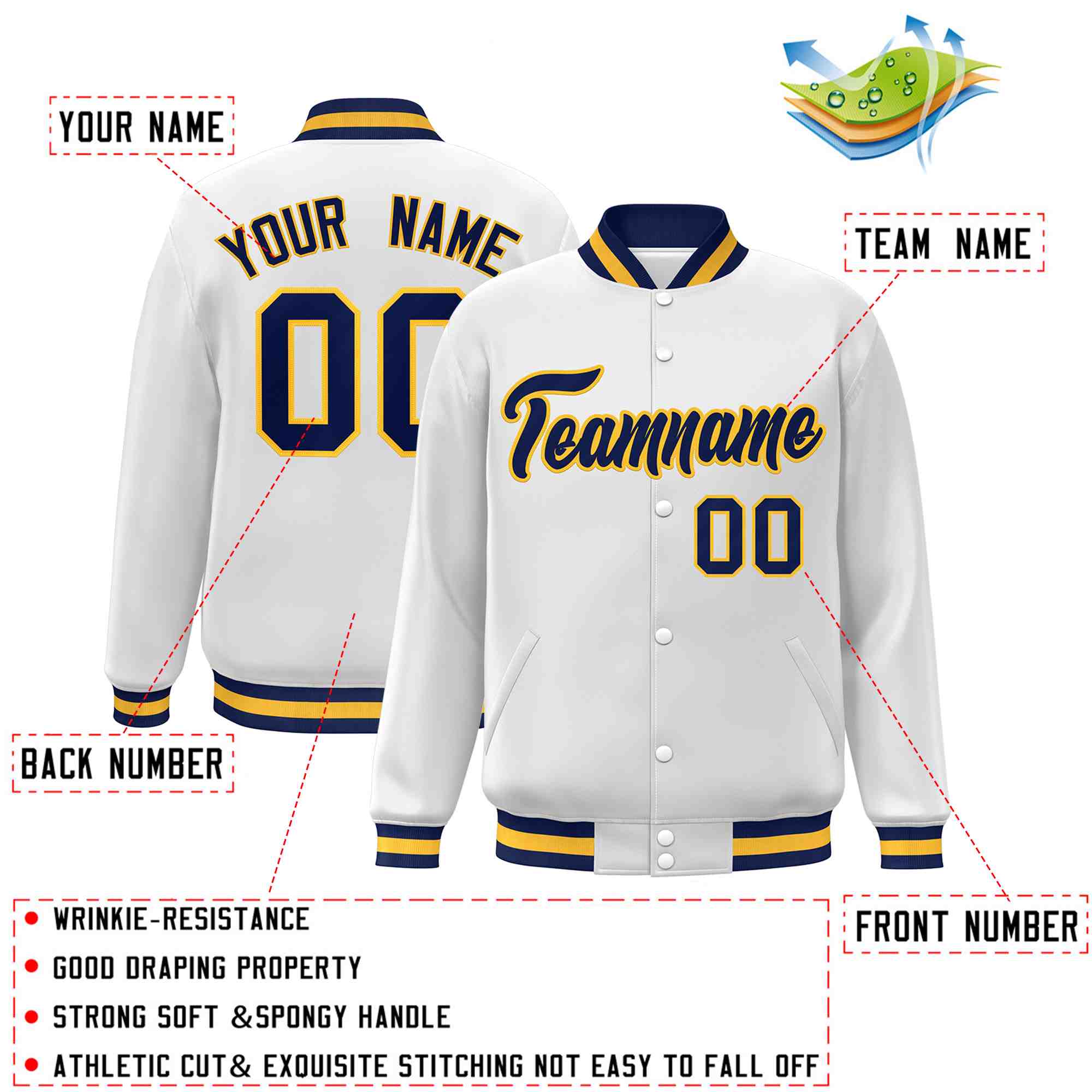 Custom White Navy-Gold Classic Style Varsity Full-Snap Letterman Jacket