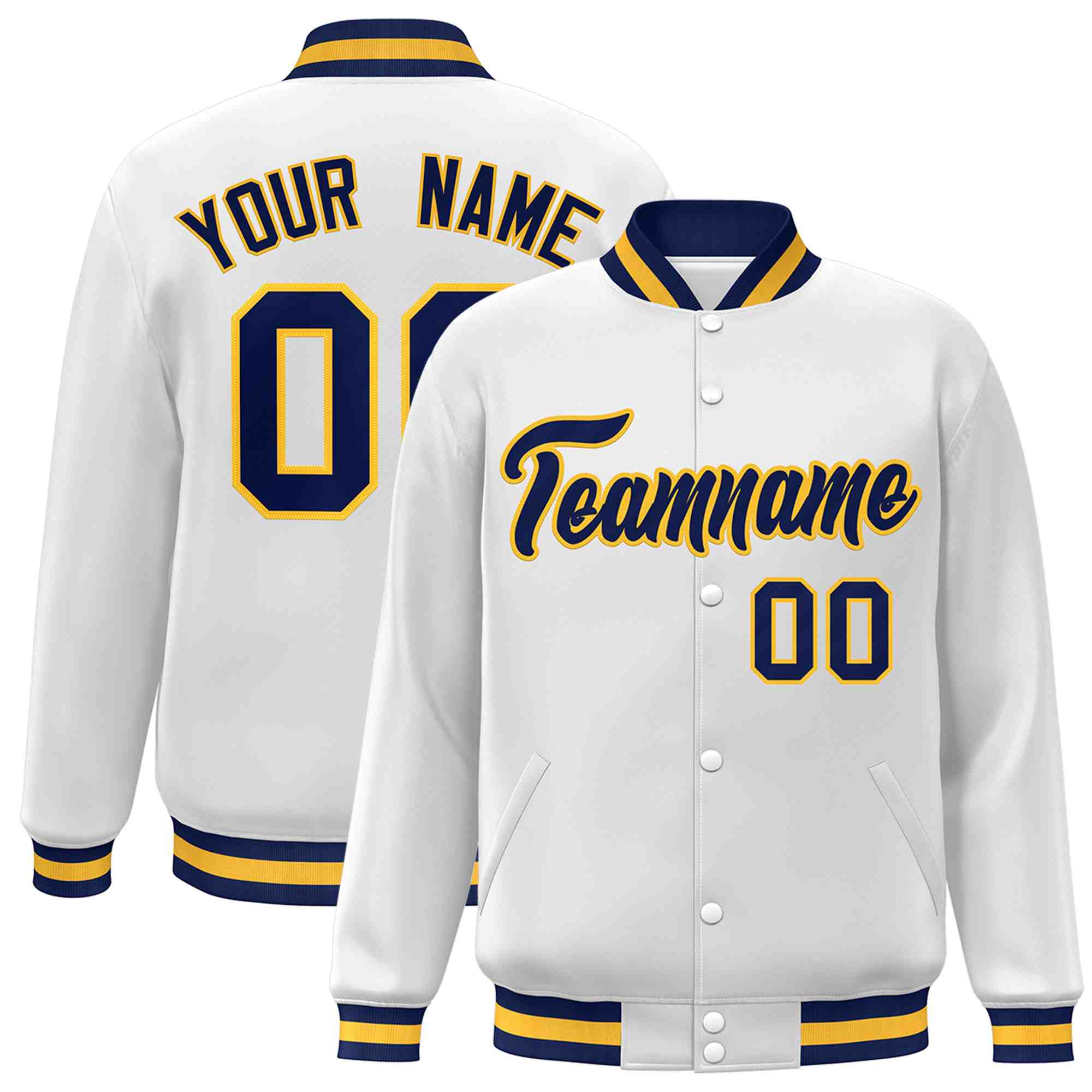 Custom White Navy-Gold Classic Style Varsity Full-Snap Letterman Jacket