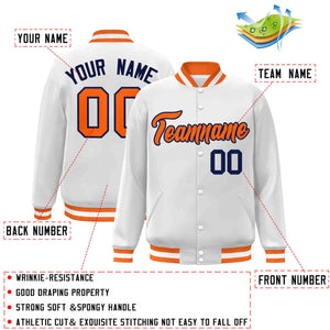 Custom White Orange-Navy Classic Style Varsity Full-Snap Letterman Jacket