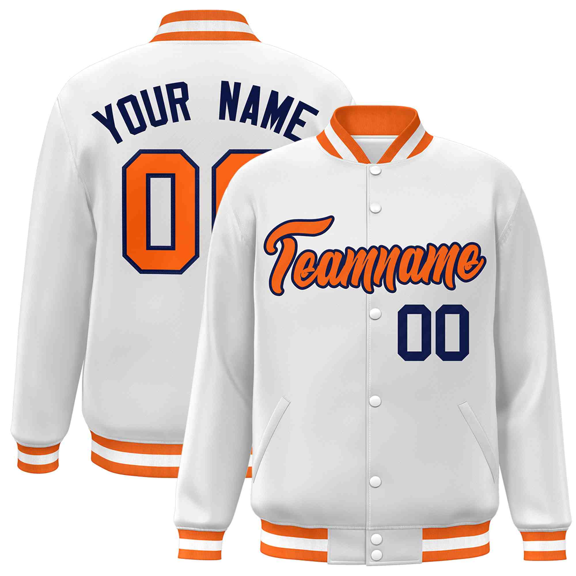 Custom White Orange-Navy Classic Style Varsity Full-Snap Letterman Jacket