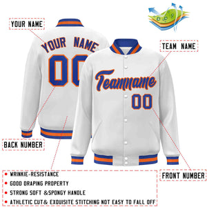 Custom White Royal-Orange Classic Style Varsity Full-Snap Letterman Jacket