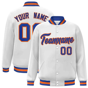 Custom White Royal-Orange Classic Style Varsity Full-Snap Letterman Jacket