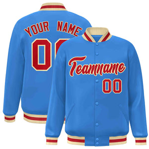 Custom Powder Blue Red-Khaki Classic Style Varsity Full-Snap Letterman Jacket