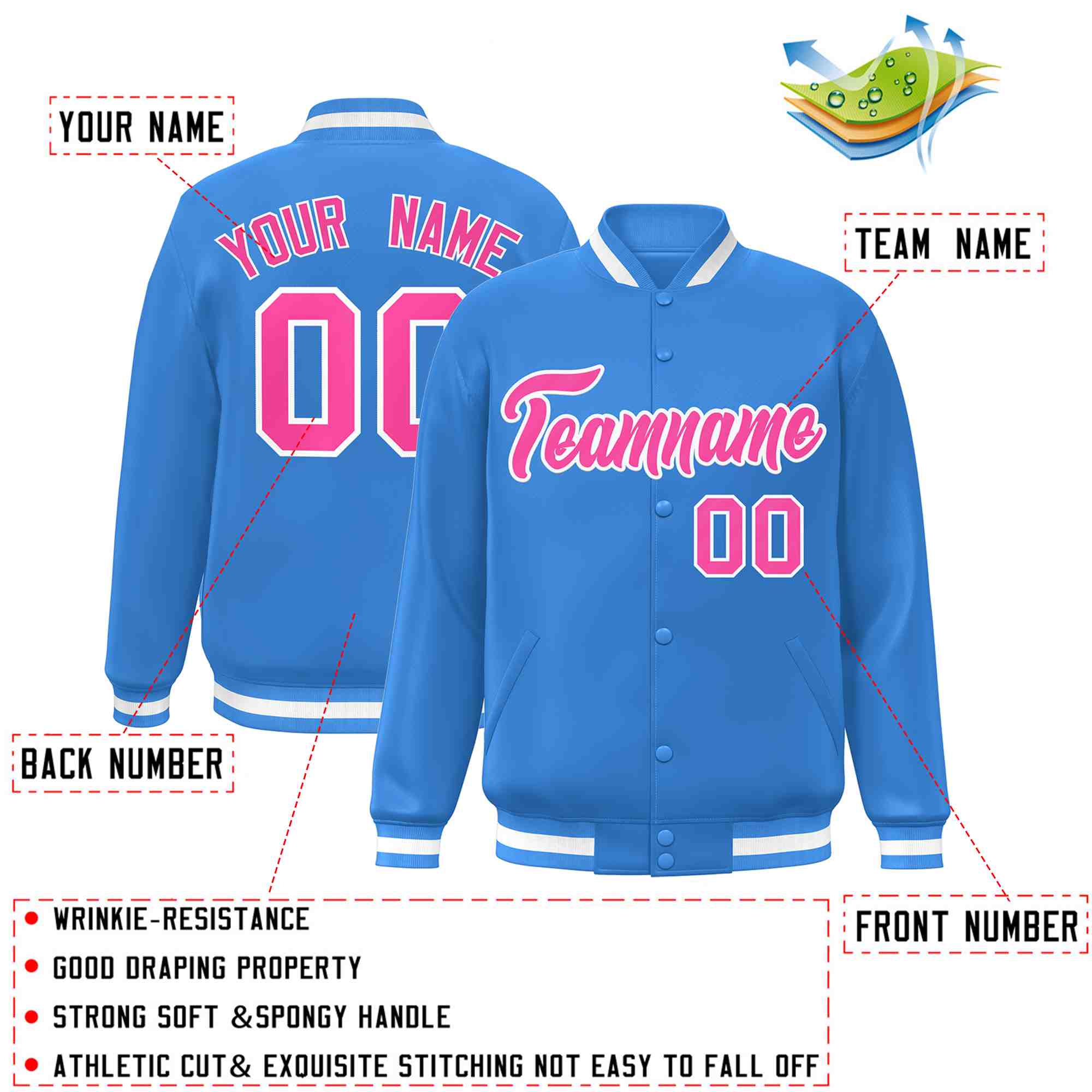 Custom Powder Blue Pink-White Classic Style Varsity Full-Snap Letterman Jacket