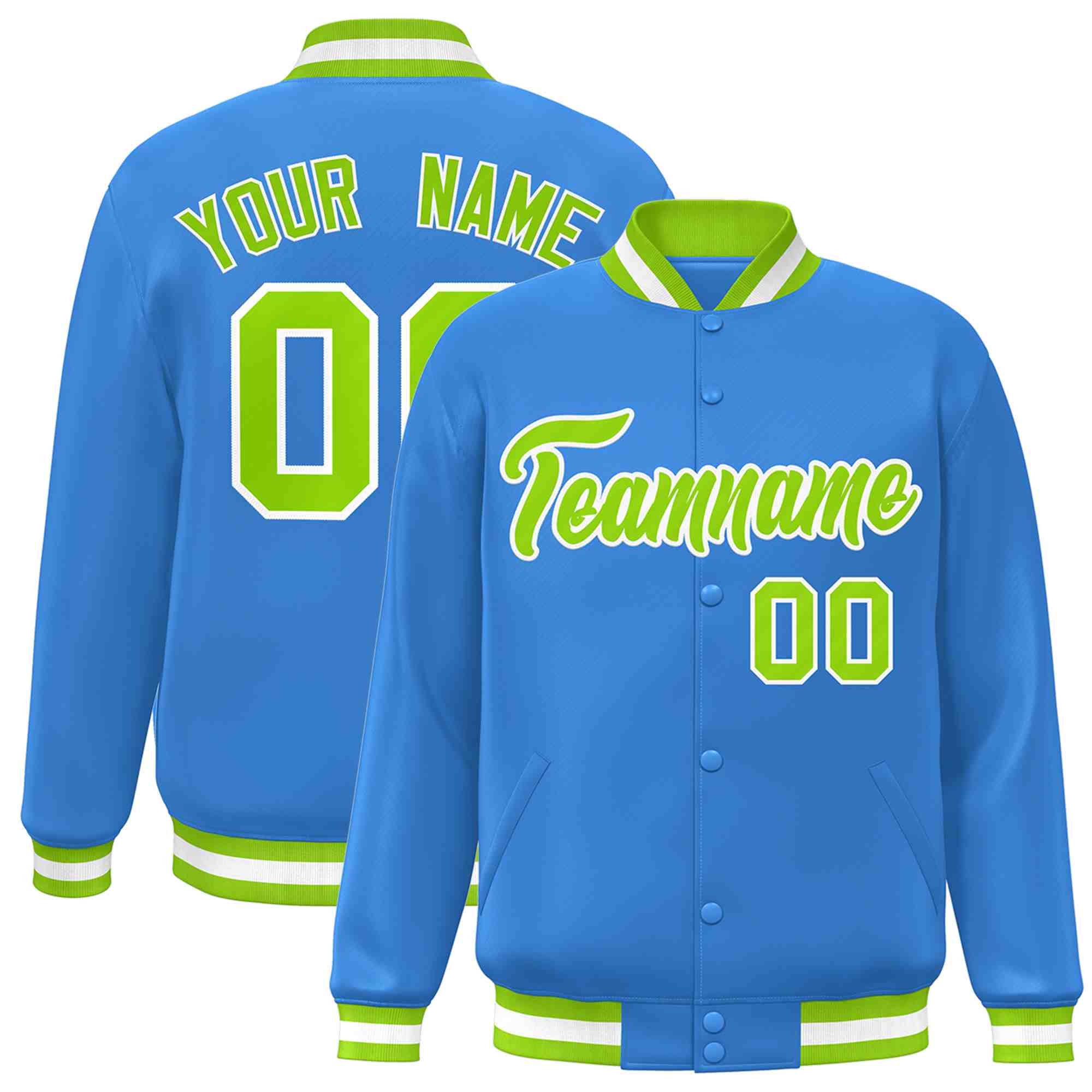 Custom Powder Blue Neon Green-White Classic Style Varsity Full-Snap Letterman Jacket