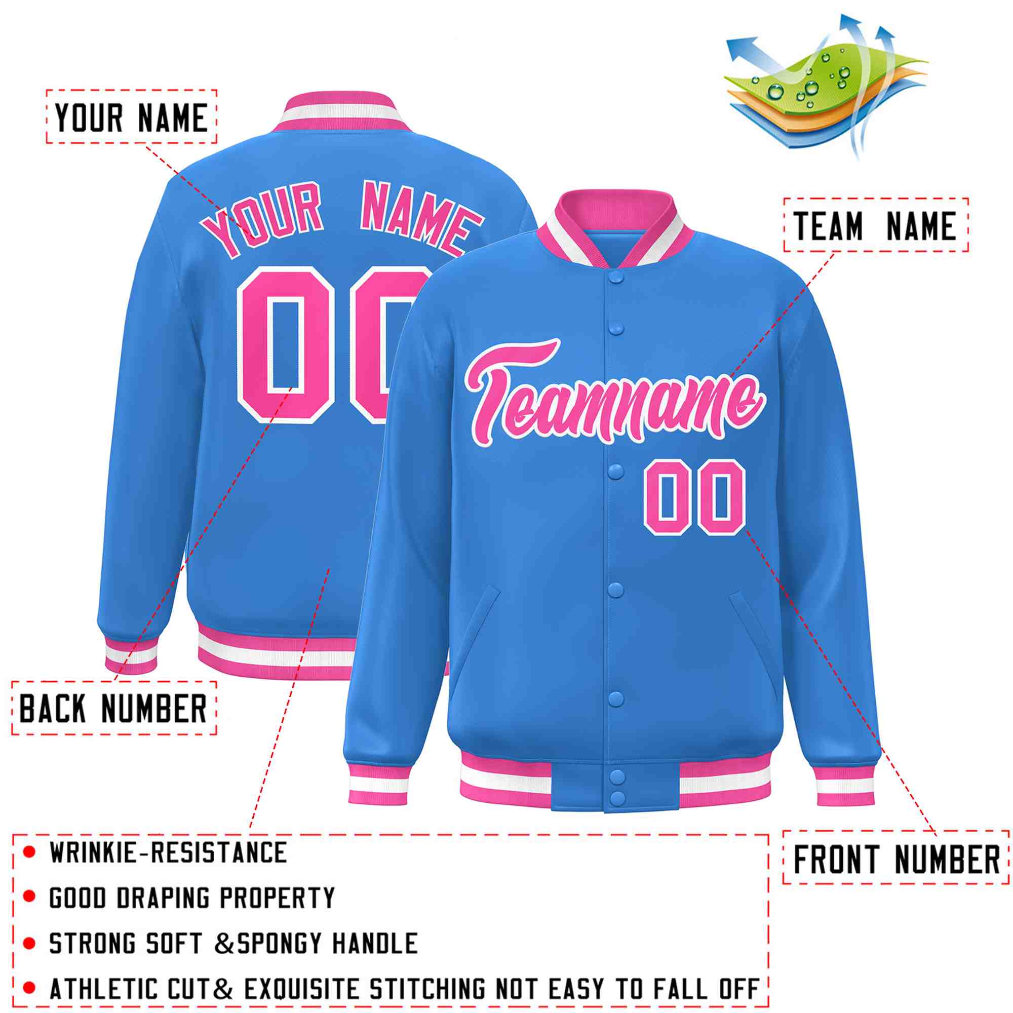 Custom Powder Blue Pink-White Classic Style Varsity Full-Snap Letterman Jacket