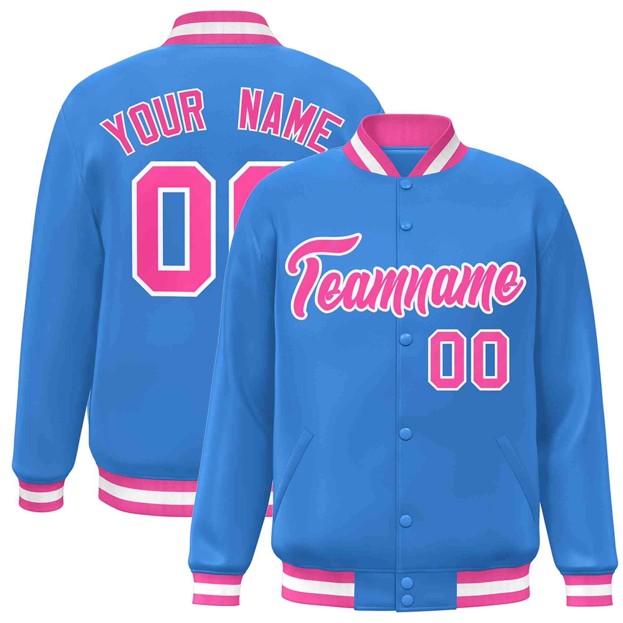 Custom Powder Blue Pink-White Classic Style Varsity Full-Snap Letterman Jacket