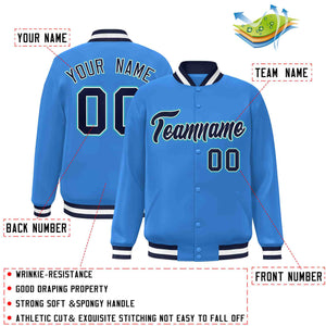 Custom Powder Blue Navy-White Classic Style Varsity Full-Snap Letterman Jacket