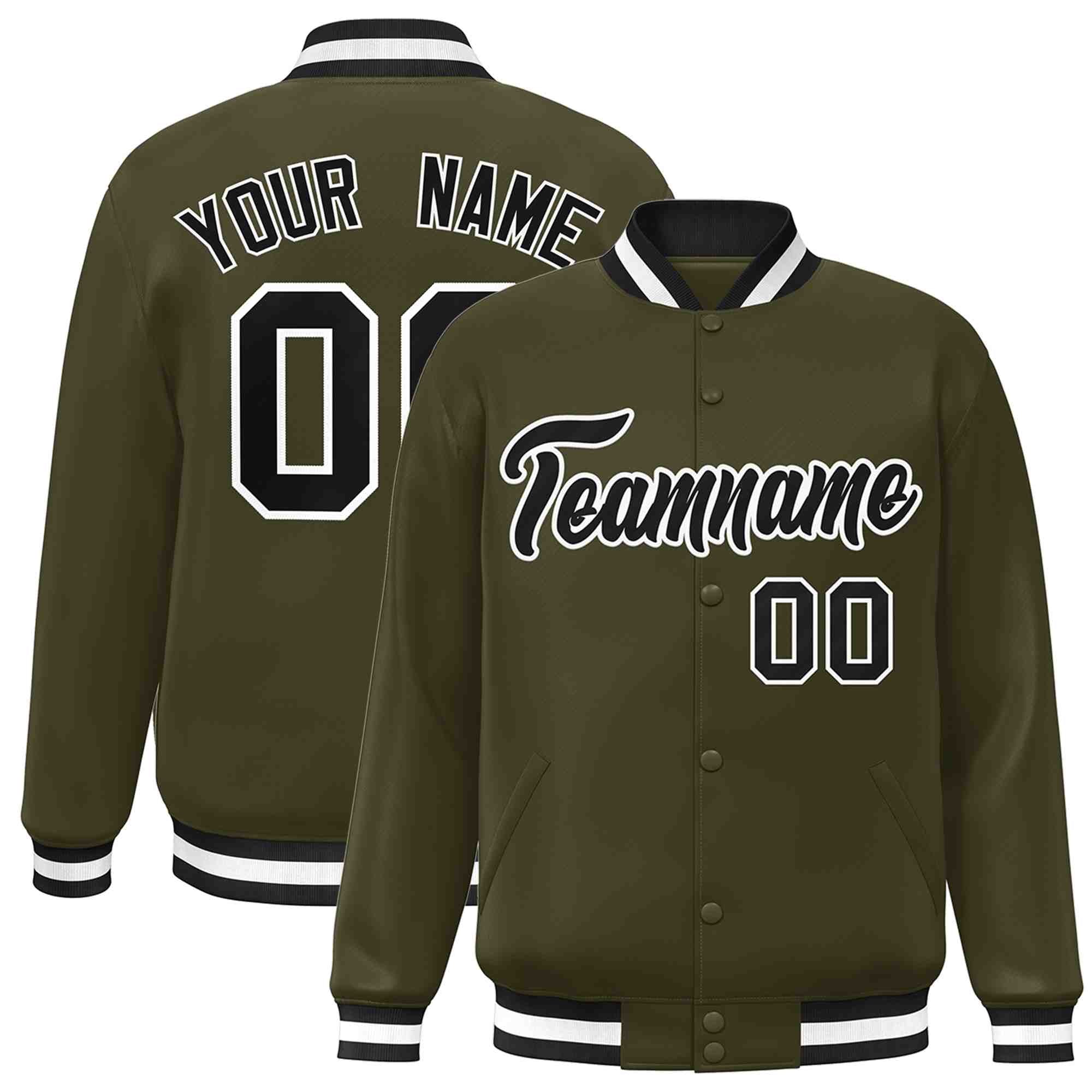 Custom Olive Black-White Classic Style Varsity Full-Snap Letterman Jacket