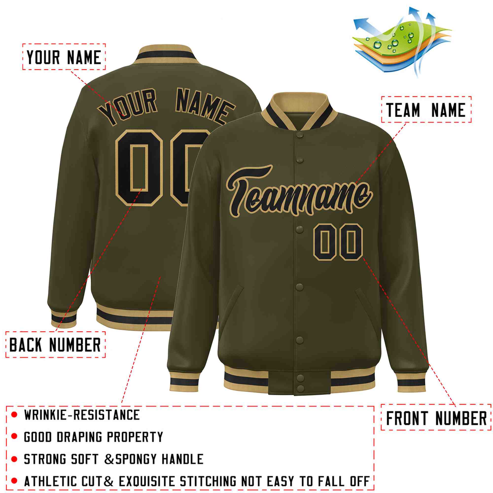 Custom Olive Black-Old Gold Classic Style Varsity Full-Snap Letterman Jacket