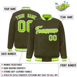 Custom Olive Neon Green-White Classic Style Varsity Full-Snap Letterman Jacket