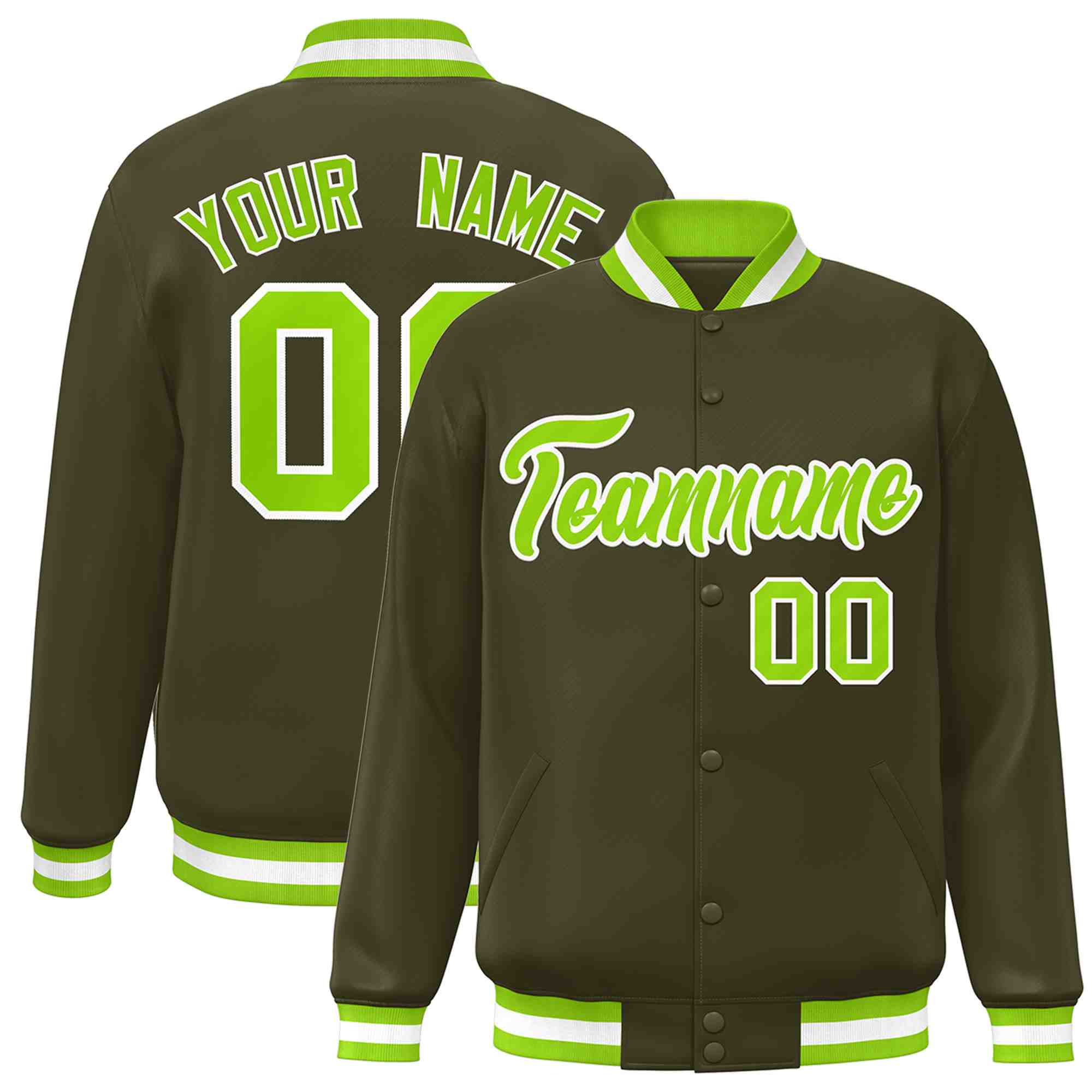 Custom Olive Neon Green-White Classic Style Varsity Full-Snap Letterman Jacket