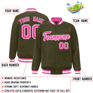 Custom Olive Pink-White Classic Style Varsity Full-Snap Letterman Jacket