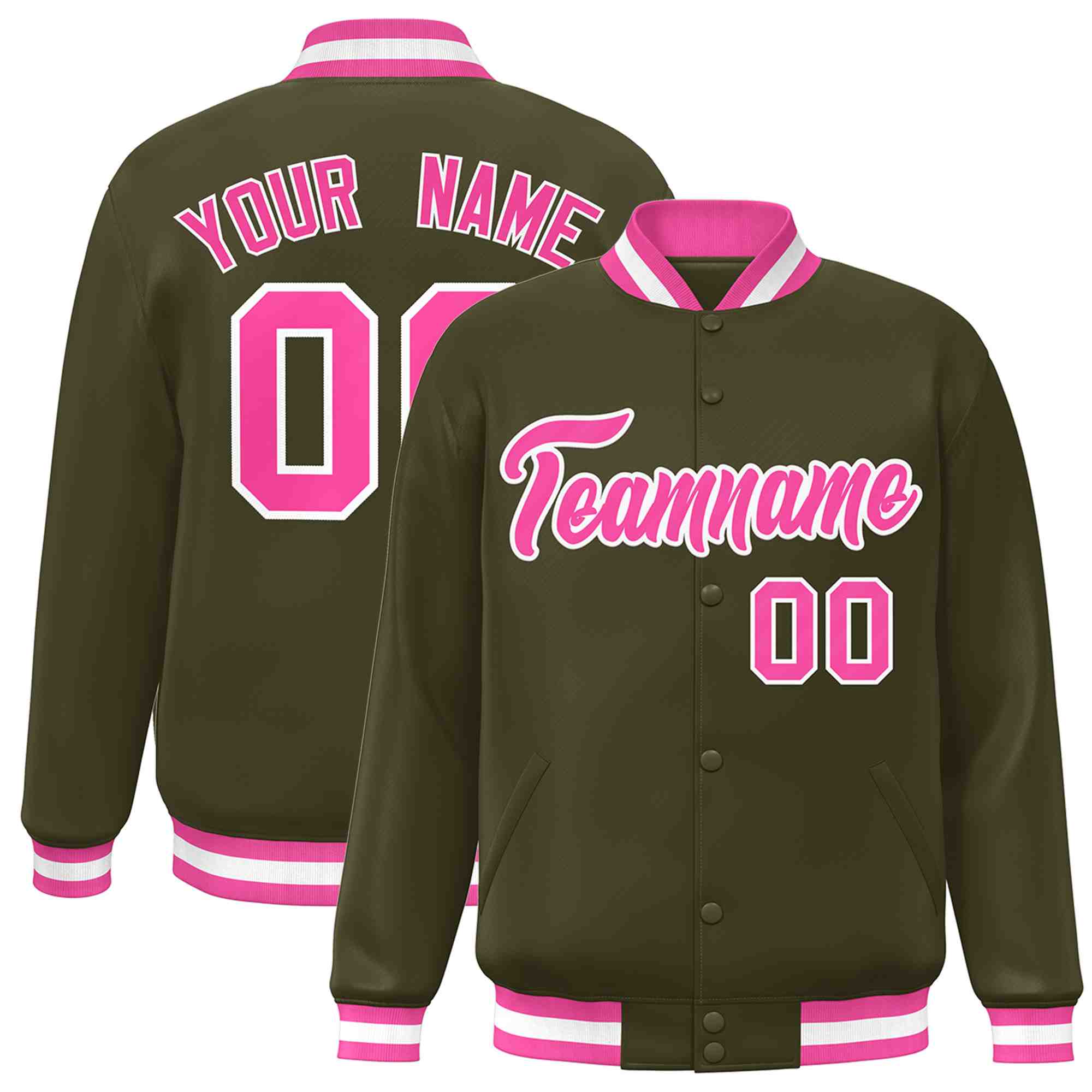 Custom Olive Pink-White Classic Style Varsity Full-Snap Letterman Jacket