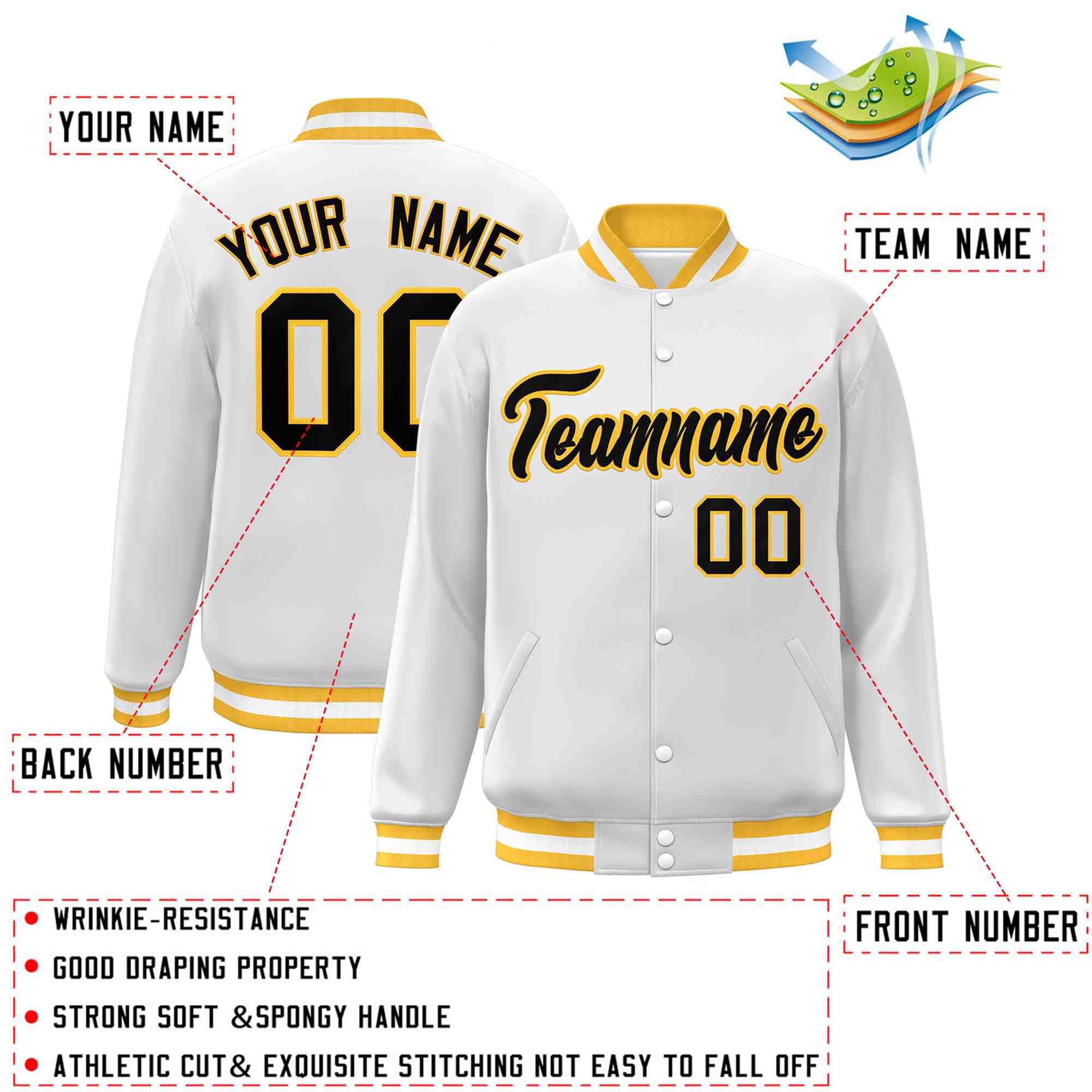 Custom White Black-Gold Classic Style Varsity Full-Snap Letterman Jacket