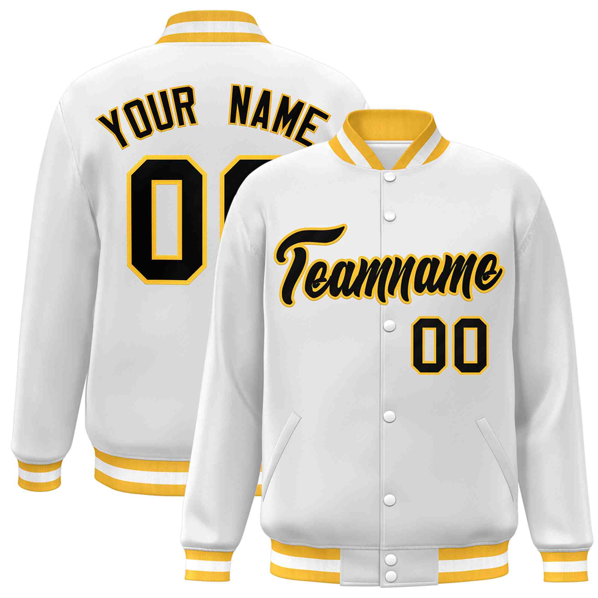 Custom White Black-Gold Classic Style Varsity Full-Snap Letterman Jacket