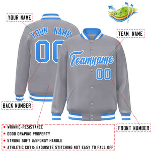 Custom Gray Powder Blue-White Classic Style Varsity Full-Snap Letterman Jacket