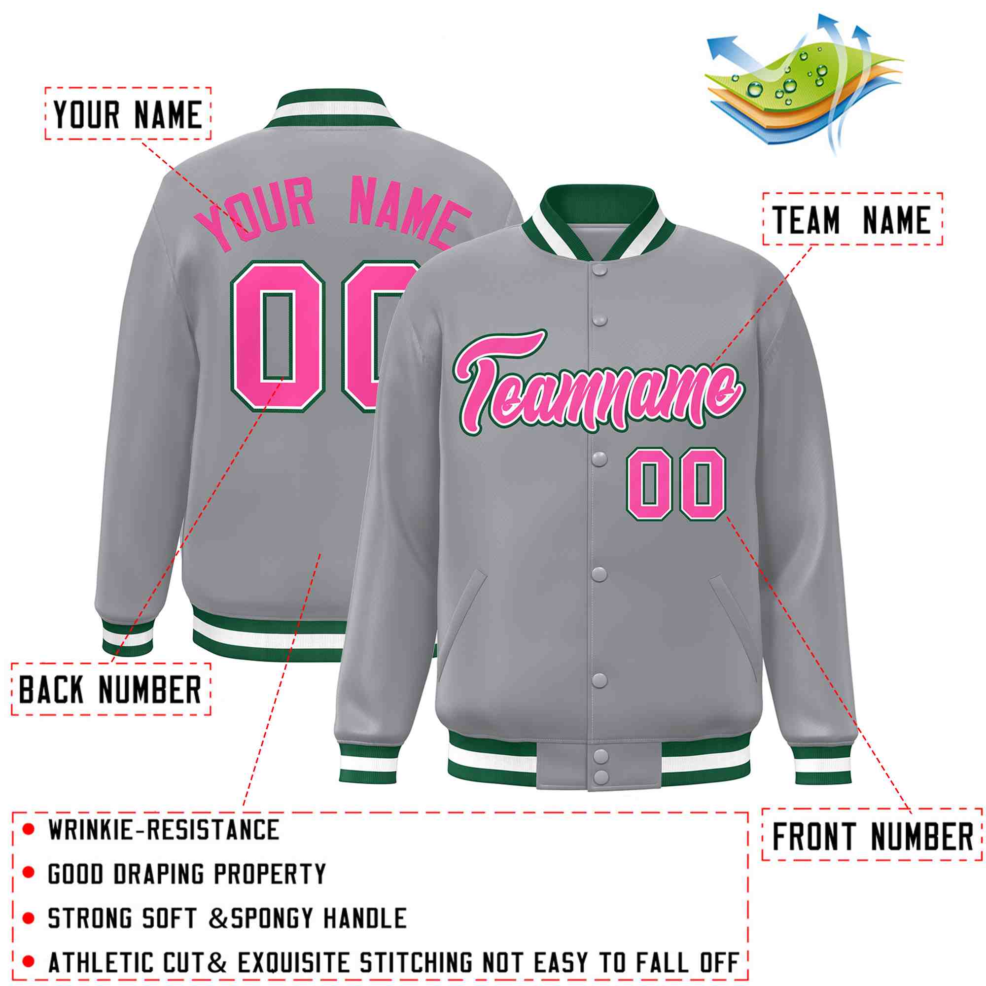 Custom Gray Pink-White Classic Style Varsity Full-Snap Letterman Jacket