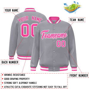 Custom Gray Pink-White Classic Style Varsity Full-Snap Letterman Jacket