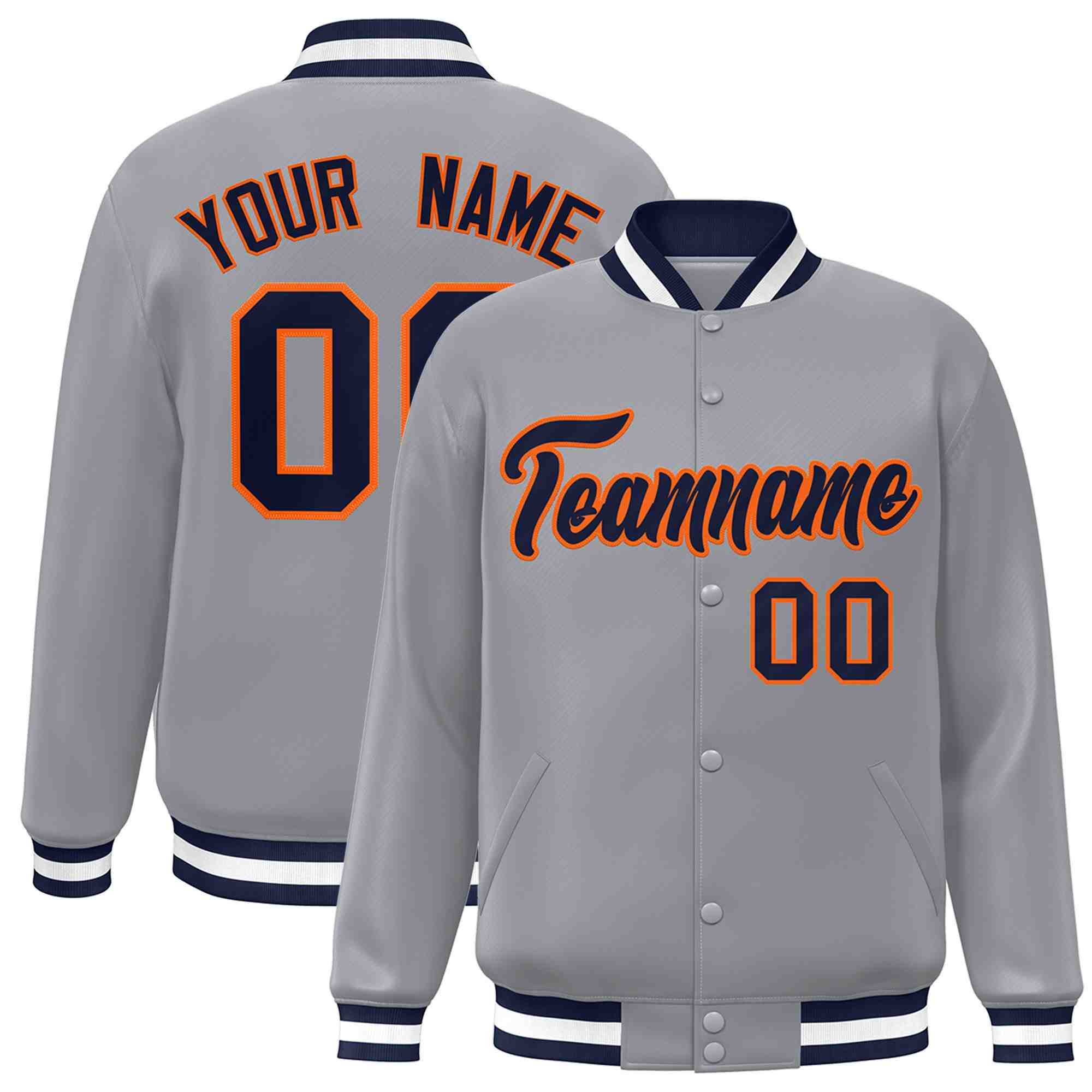 Custom Gray Navy-Orange Classic Style Varsity Full-Snap Letterman Jacket