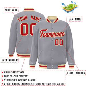 Custom Gray Red-Khaki Classic Style Varsity Full-Snap Letterman Jacket