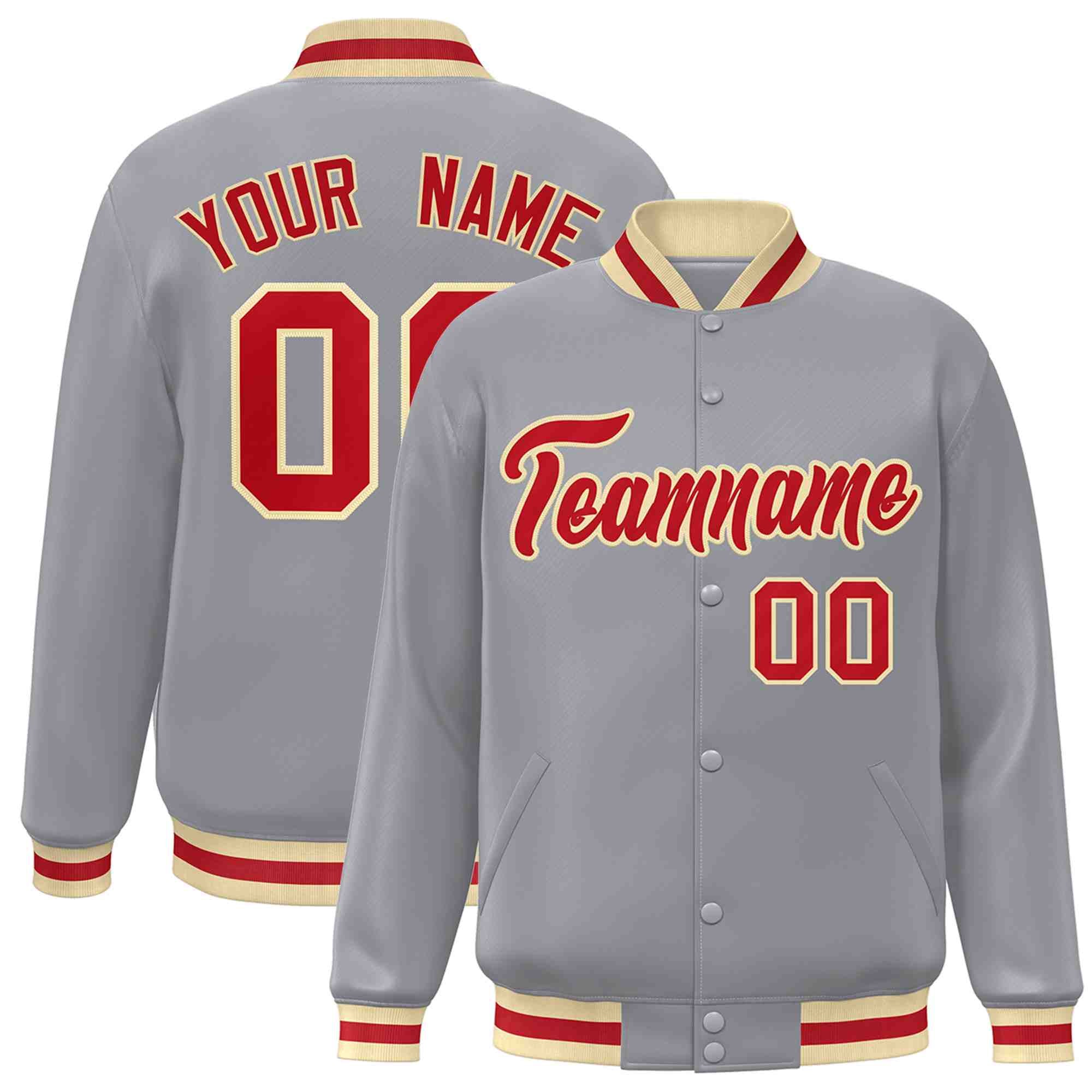 Custom Gray Red-Khaki Classic Style Varsity Full-Snap Letterman Jacket