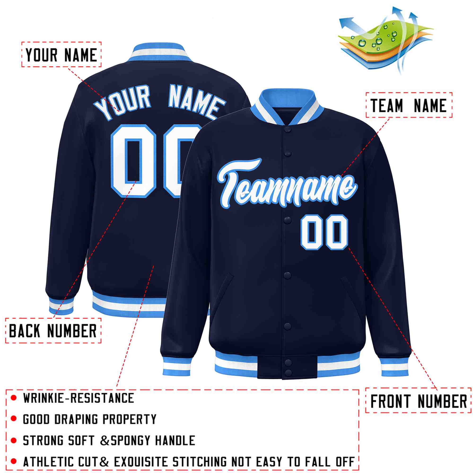 Custom Navy White-Powder Blue Classic Style Varsity Full-Snap Letterman Jacket