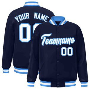 Custom Navy White-Powder Blue Classic Style Varsity Full-Snap Letterman Jacket