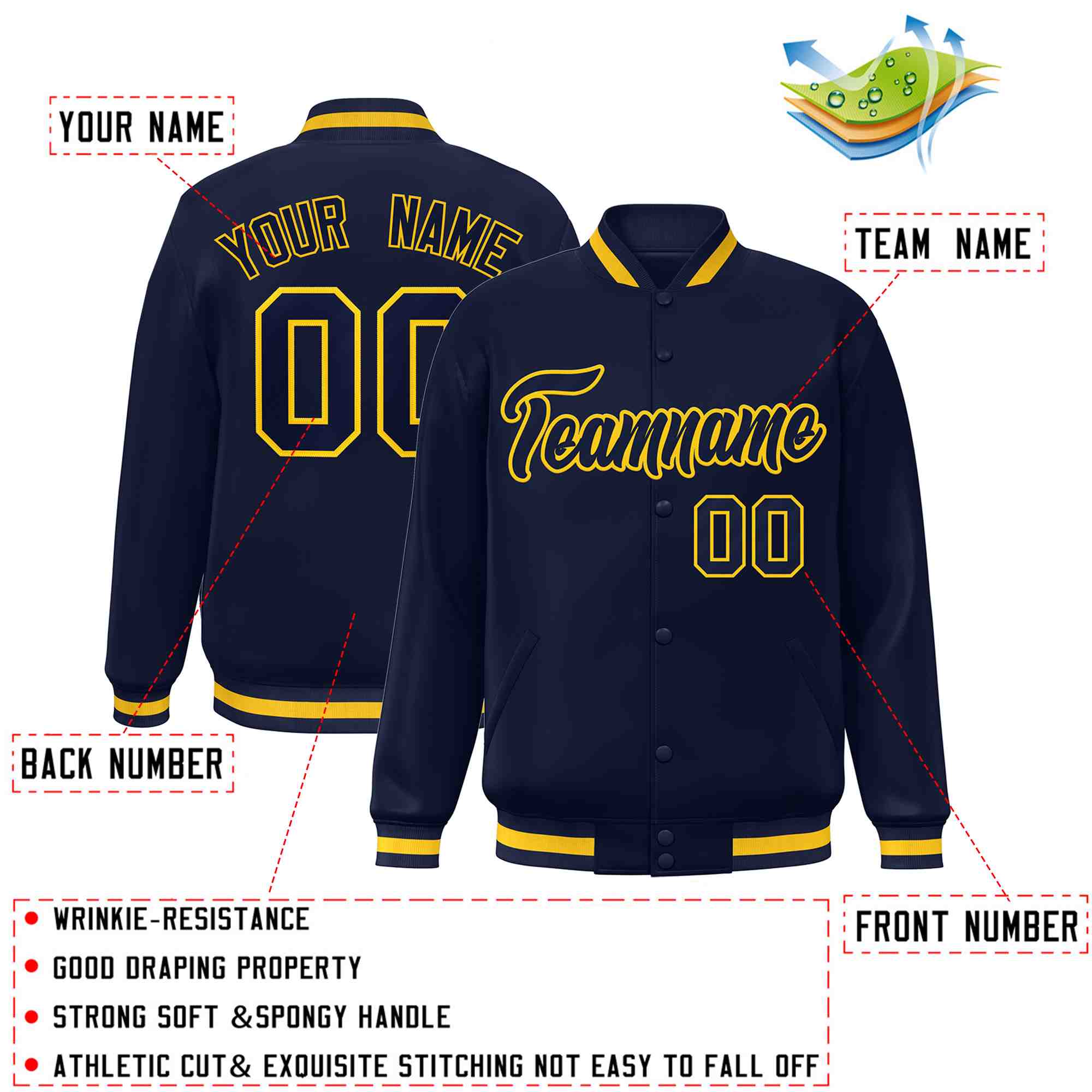 Custom Navy Navy-Gold Classic Style Varsity Full-Snap Letterman Jacket