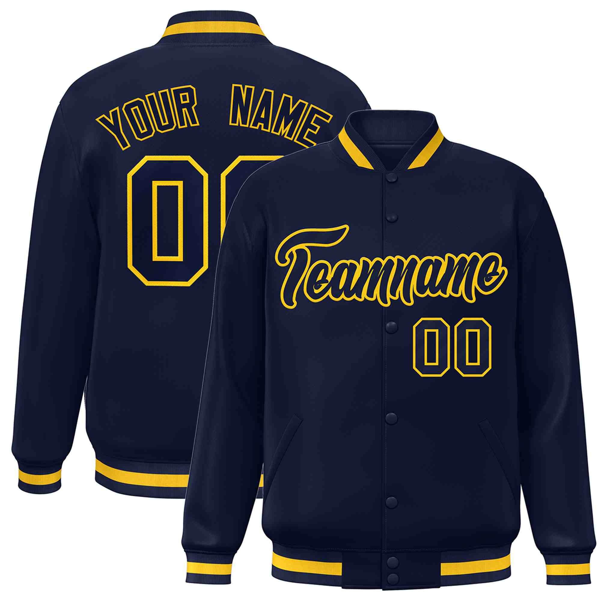 Custom Navy Navy-Gold Classic Style Varsity Full-Snap Letterman Jacket