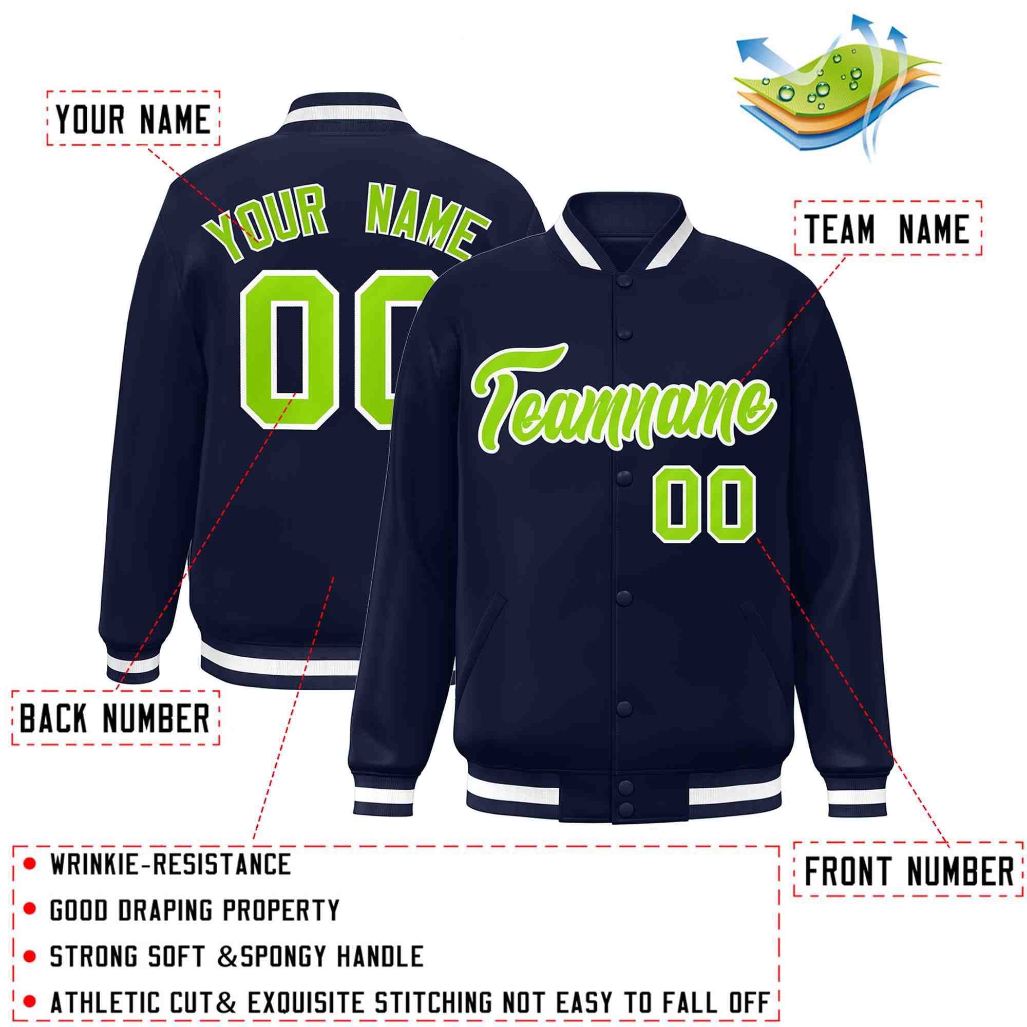 Custom Navy Neon Green-White Classic Style Varsity Full-Snap Letterman Jacket