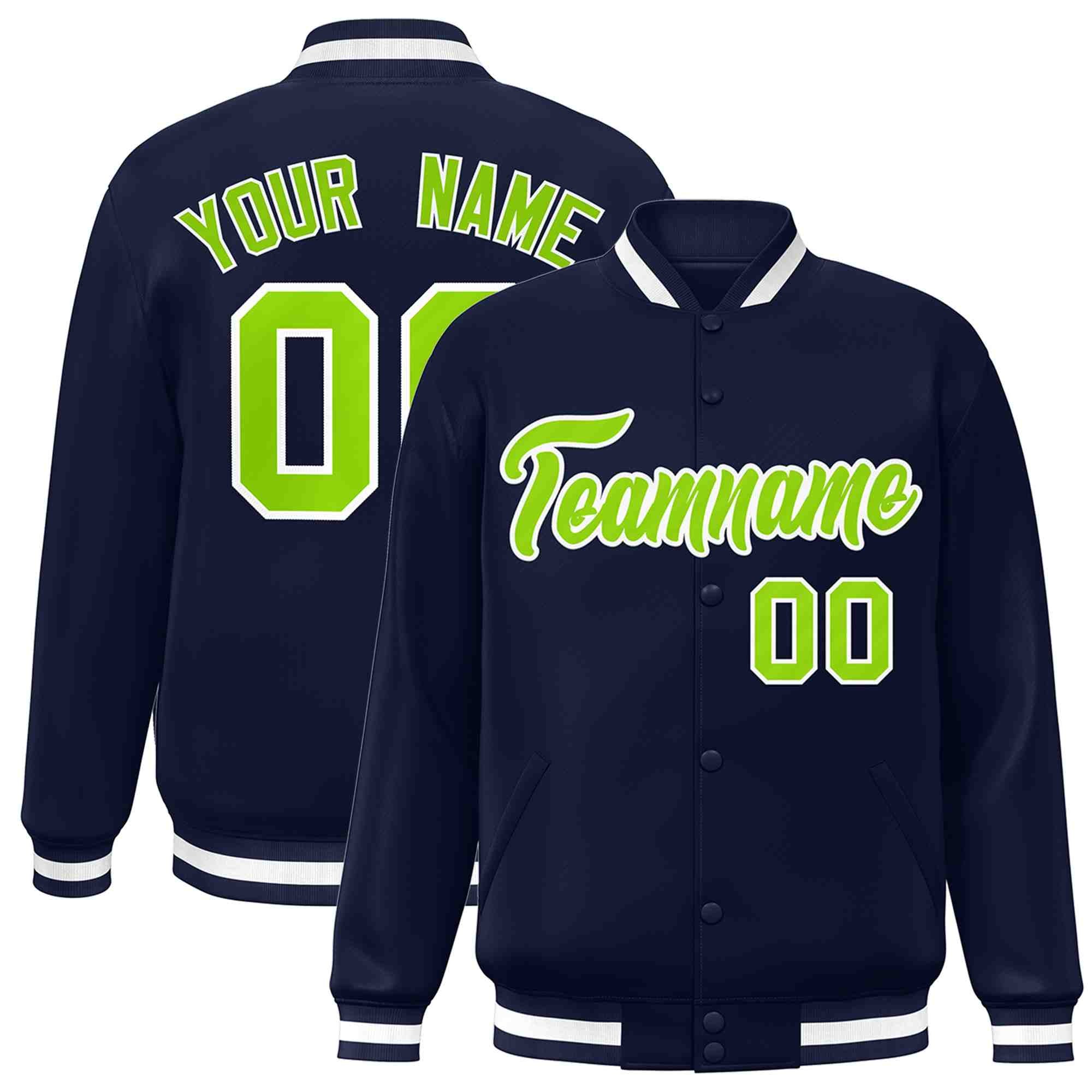 Custom Navy Neon Green-White Classic Style Varsity Full-Snap Letterman Jacket