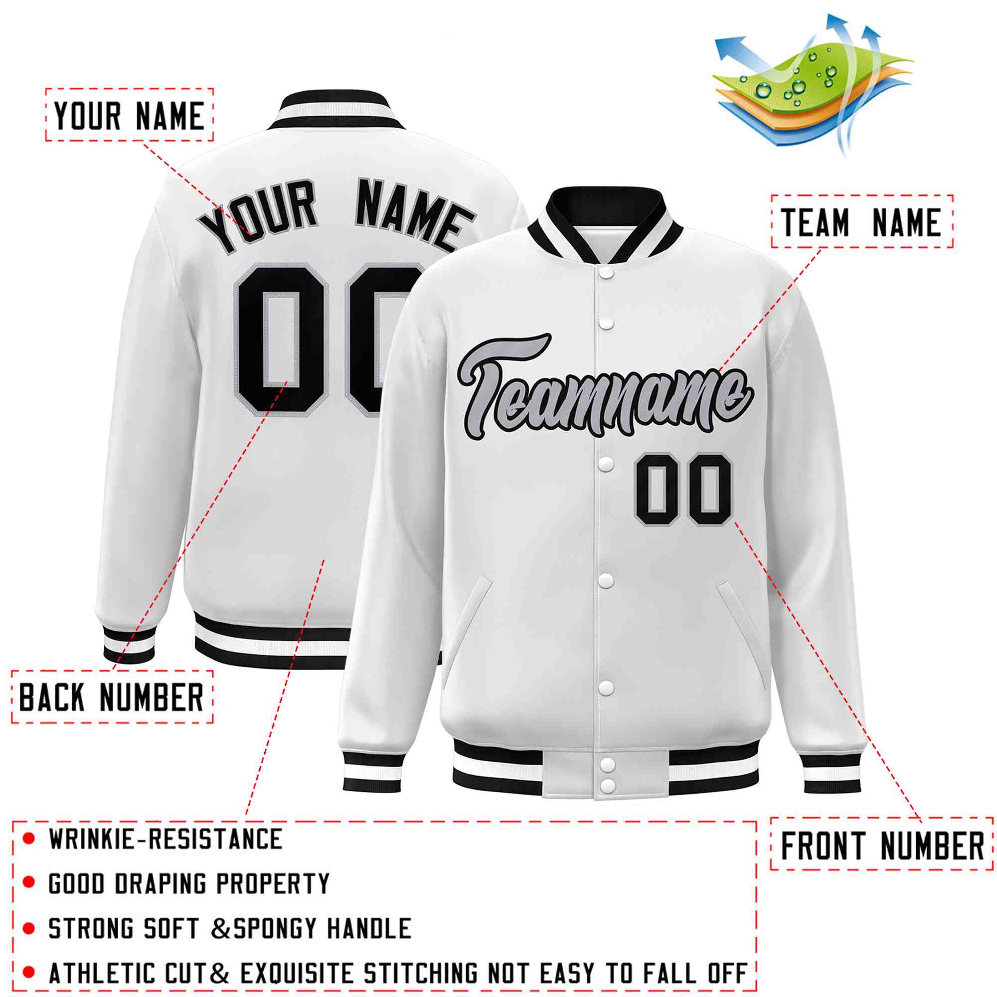 Custom White Gray-Black Classic Style Varsity Full-Snap Letterman Jacket