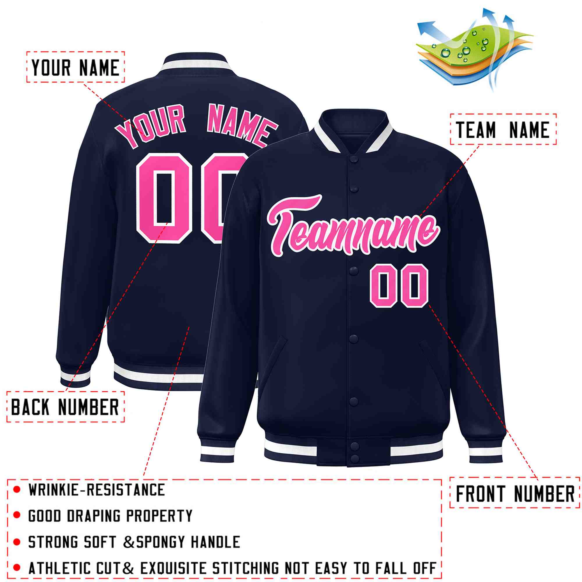 Custom Navy Pink-White Classic Style Varsity Full-Snap Letterman Jacket