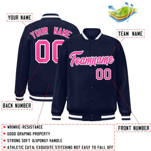 Custom Navy Pink-White Classic Style Varsity Full-Snap Letterman Jacket