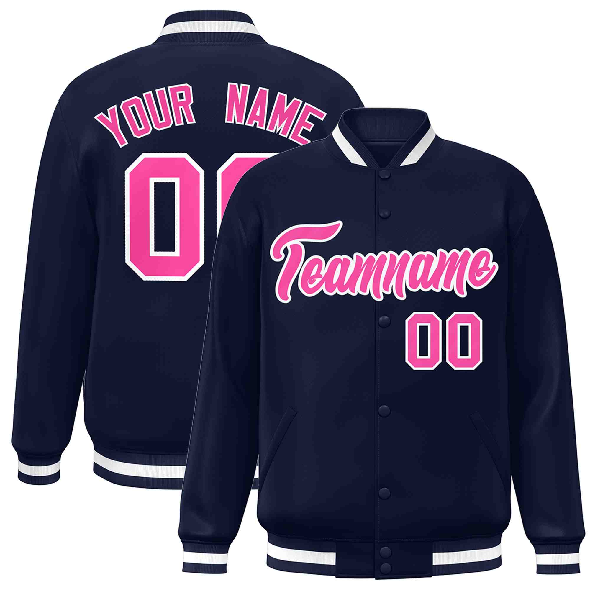 Custom Navy Pink-White Classic Style Varsity Full-Snap Letterman Jacket