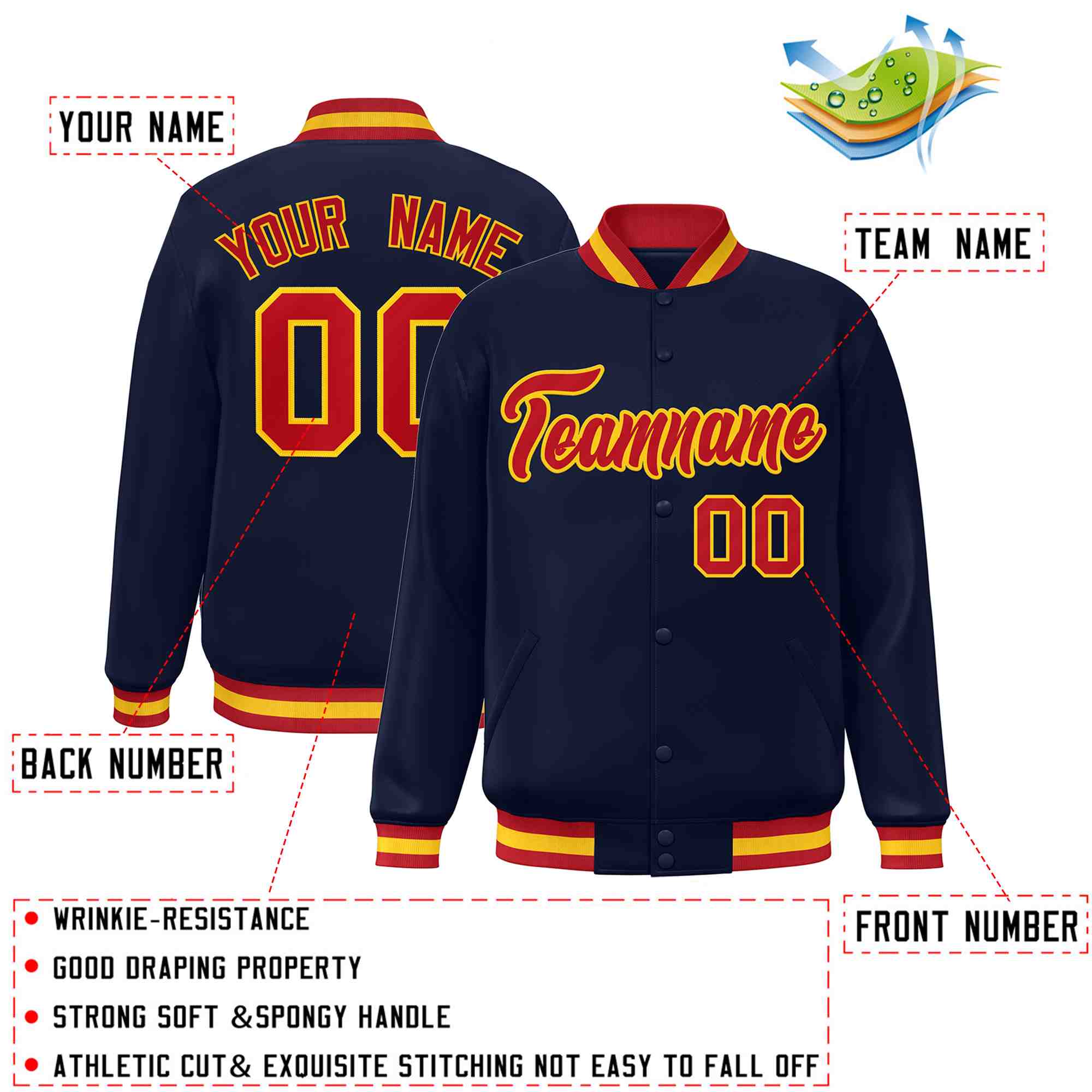 Custom Navy Red-Gold Classic Style Varsity Full-Snap Letterman Jacket