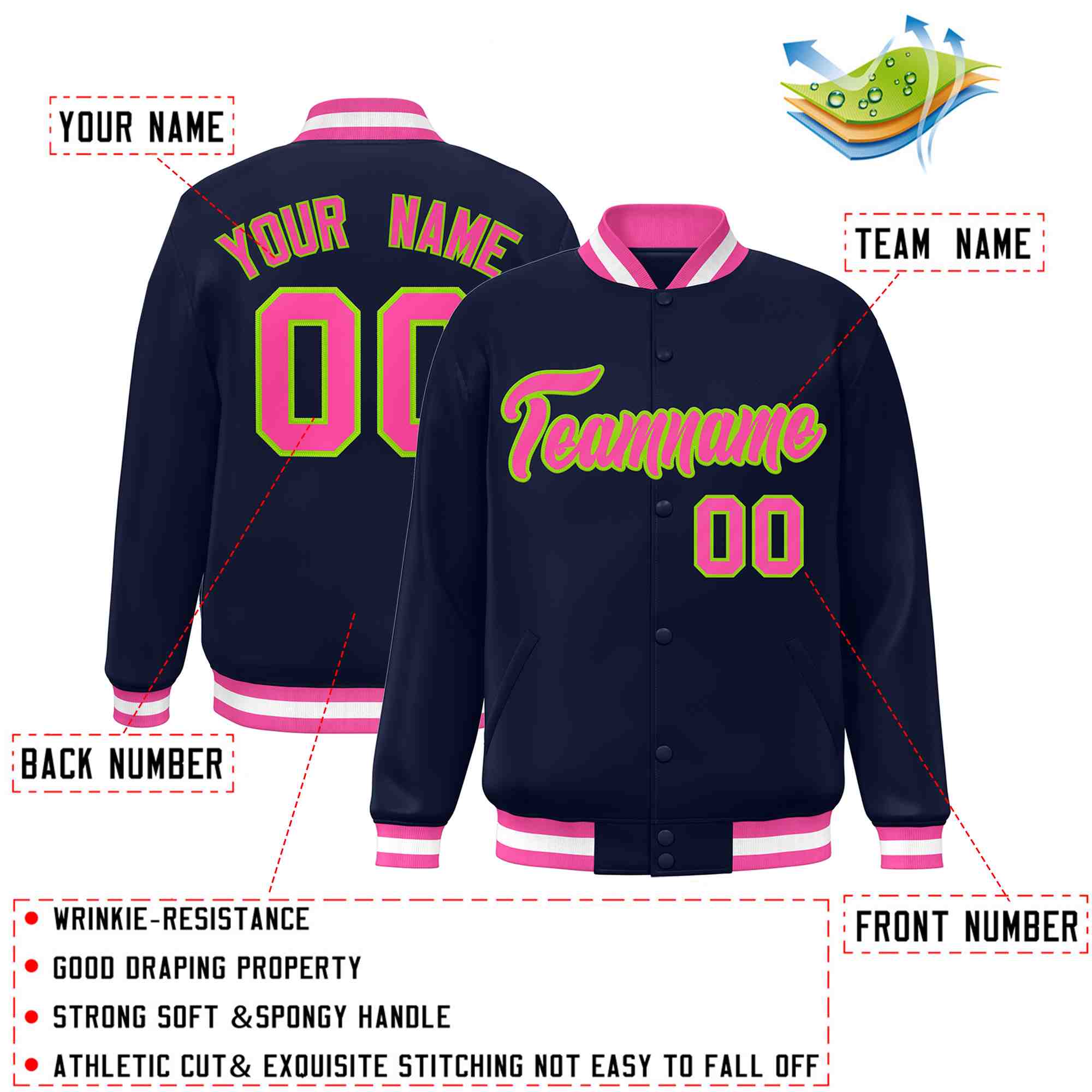 Custom Navy Pink-Neon Green Classic Style Varsity Full-Snap Letterman Jacket