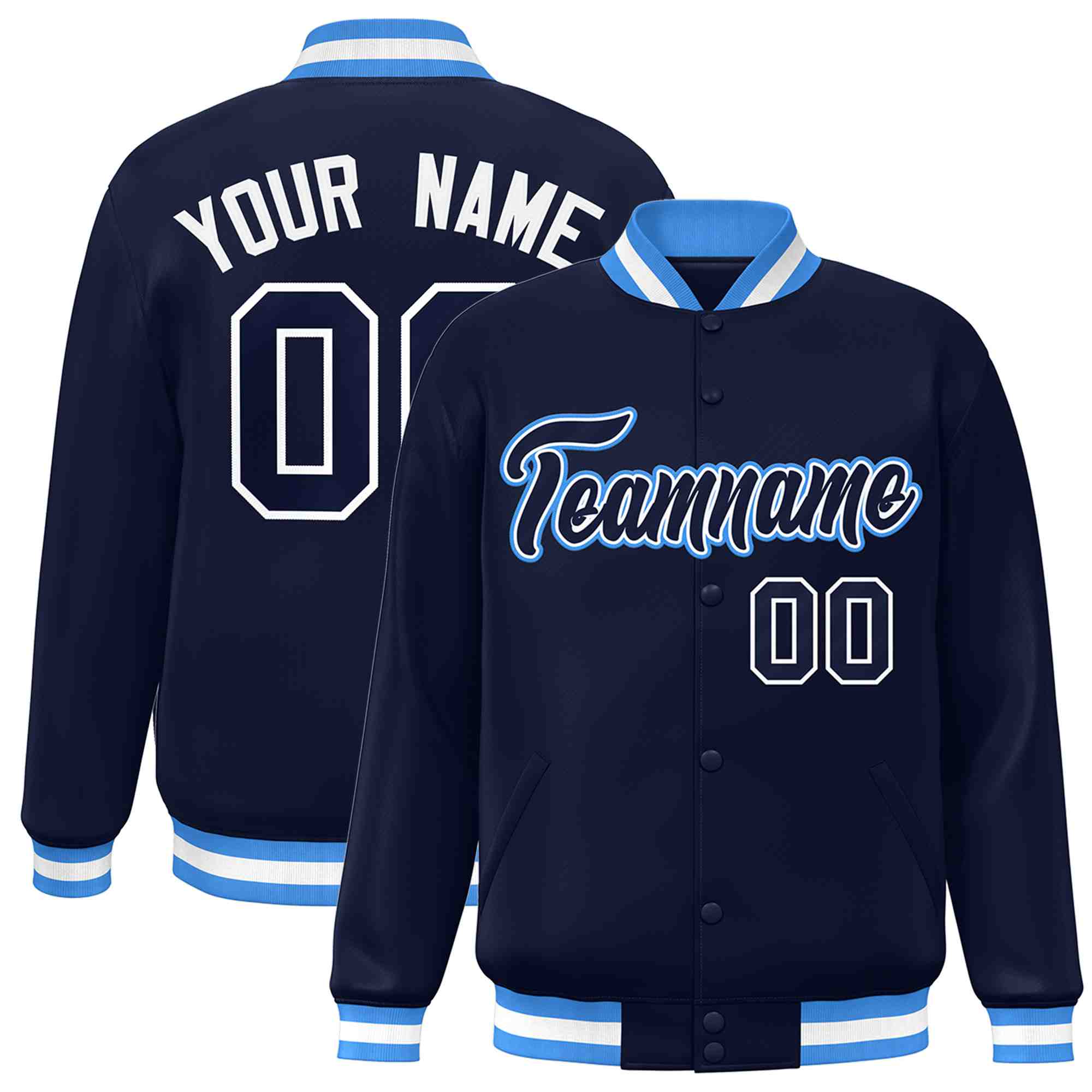 Custom Navy Navy-White Classic Style Varsity Full-Snap Letterman Jacket